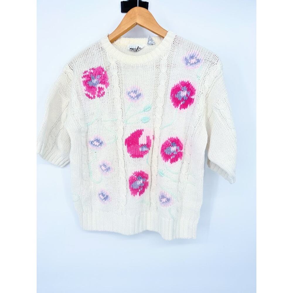 Vintage Country Suburbans Flower Sweater Medium Short Sleeve Cable Knit Cottage
